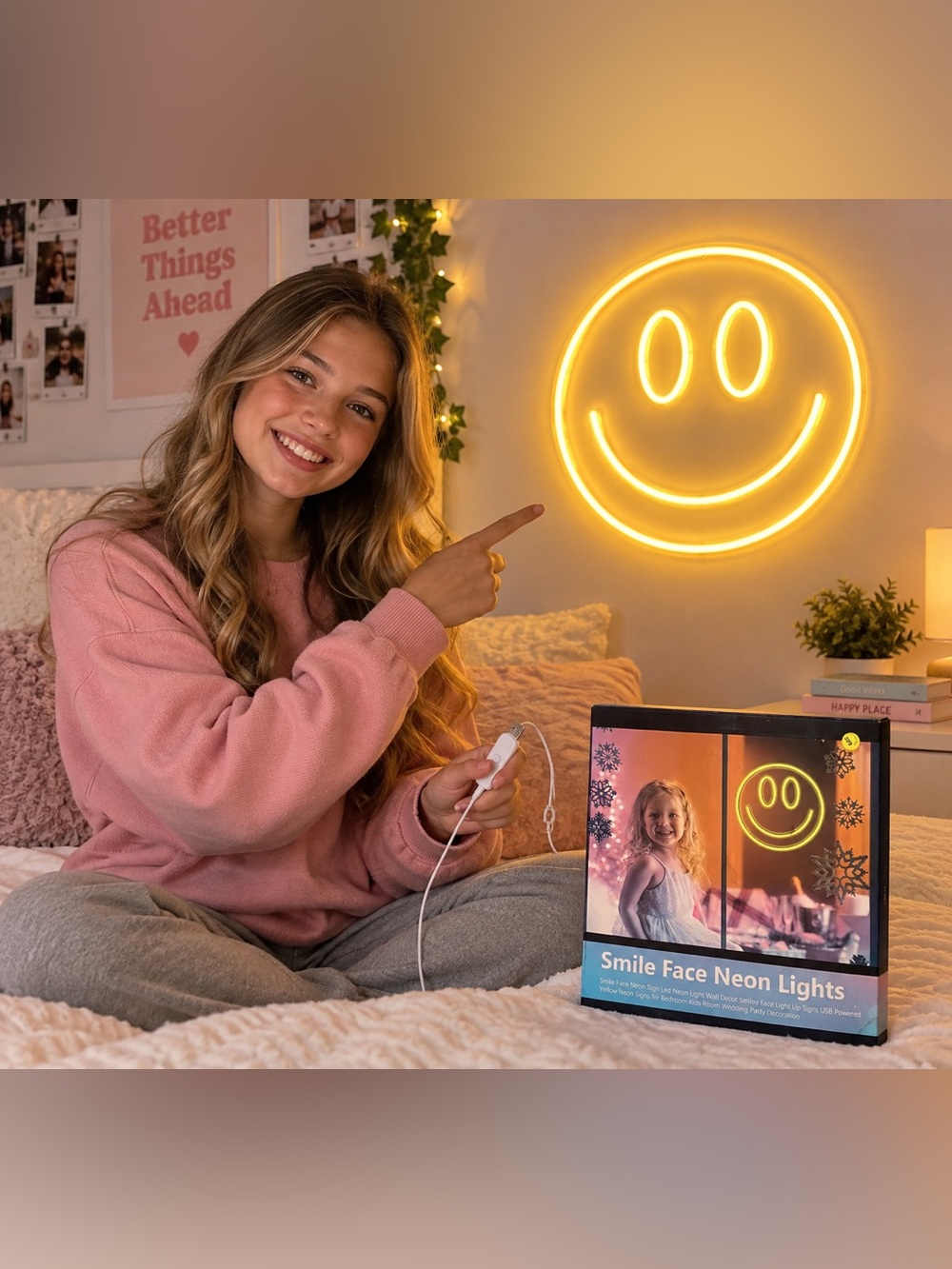 Smile Face Yellow LED Neon Light Wall Sign USB Powered NWT